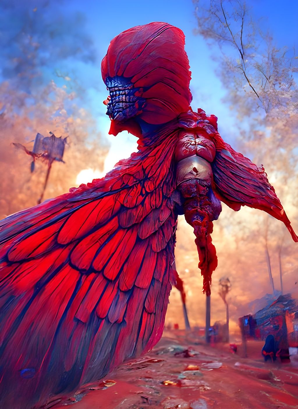 Red Archangel with Wings Spread in Beksinski Style