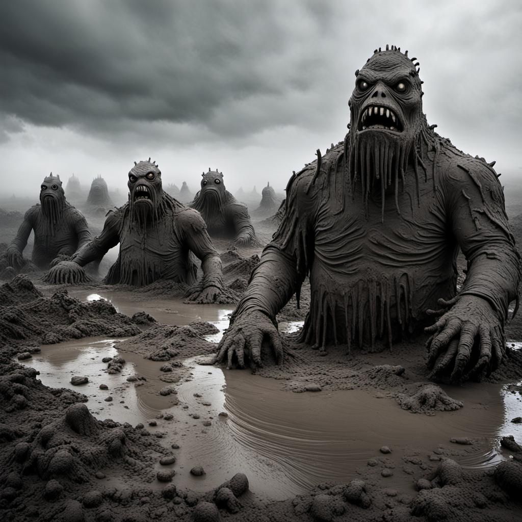 Clay Monsters Rise on Mud Island: Digital Art