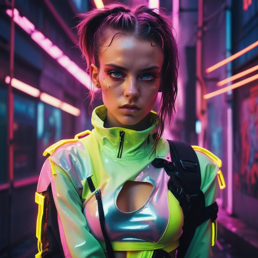 Cyberpunk Portrait of Woman in Fluorescent Army Gear