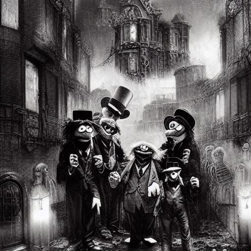 Muppets Clockwork Orange in Horror Engraving Style
