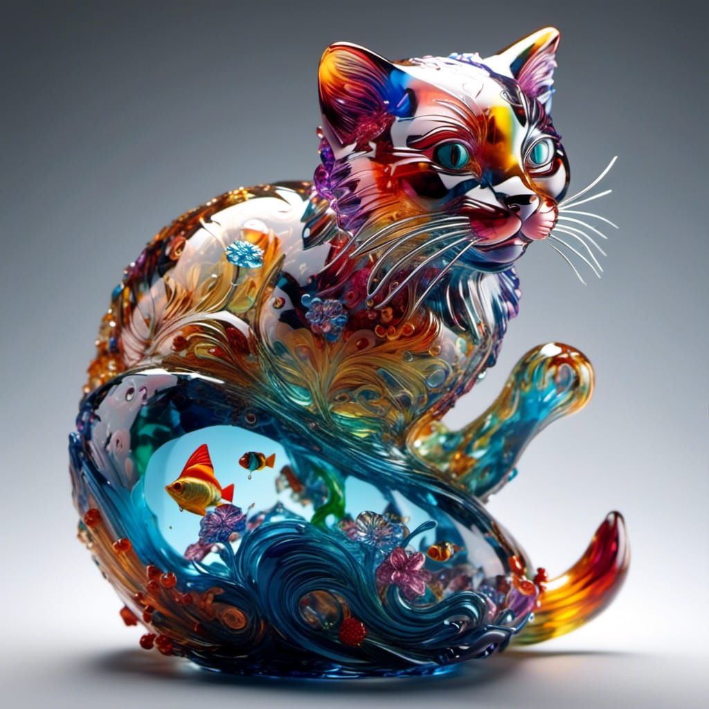 Illuminated Glass Cat Catching Fish: Fantasy Art