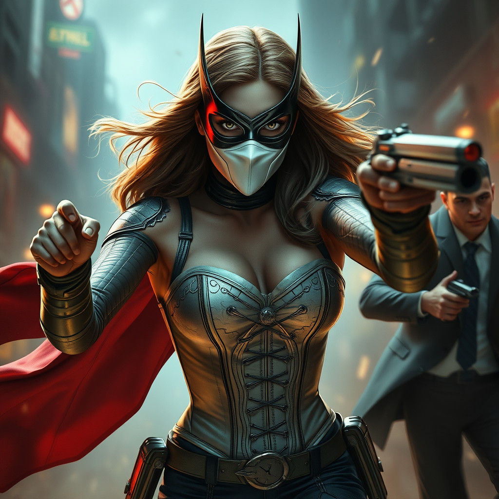 Masked Superhero Chasing Criminal in Digital Painting