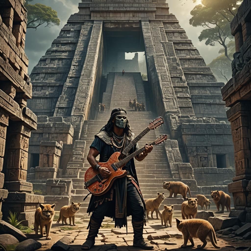 Lion Heavy Metal Guitarist Performs in Ancient Ruins