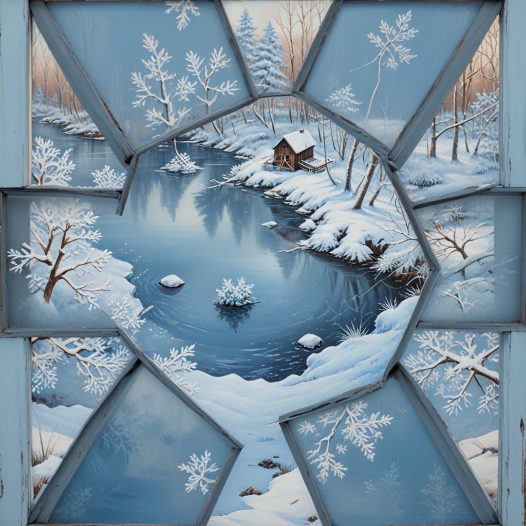 Snowy Landscape Through Window, Vintage Oil Painting