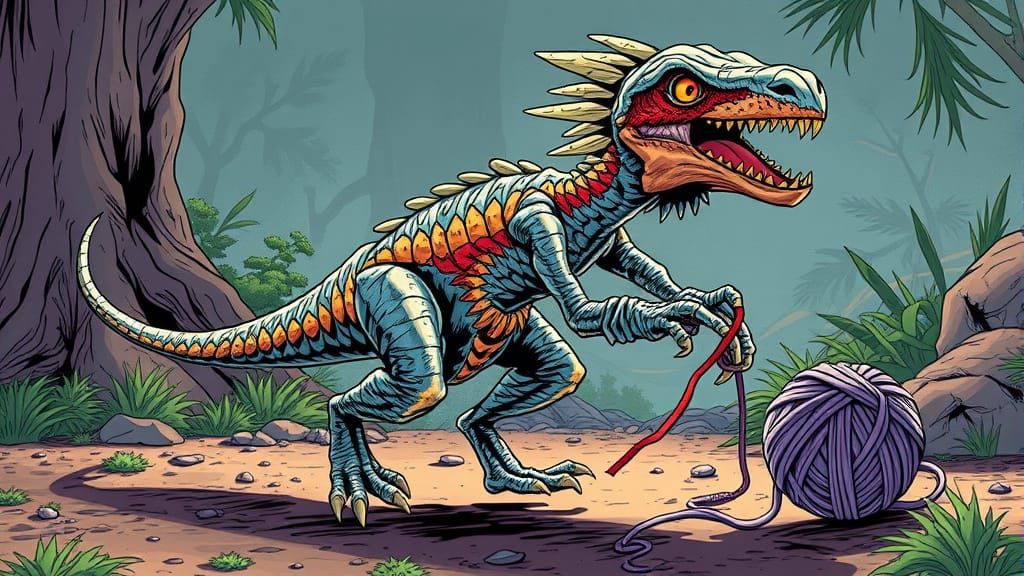 Foil Raptor Chasing Yarn in Comic Book Art Style