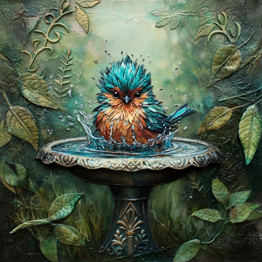 Vibrant Bird in Whimsical Bathing Scene