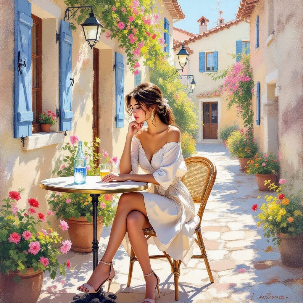 Impressionist Oil Painting of Woman in Sunlit Mediterranean ...