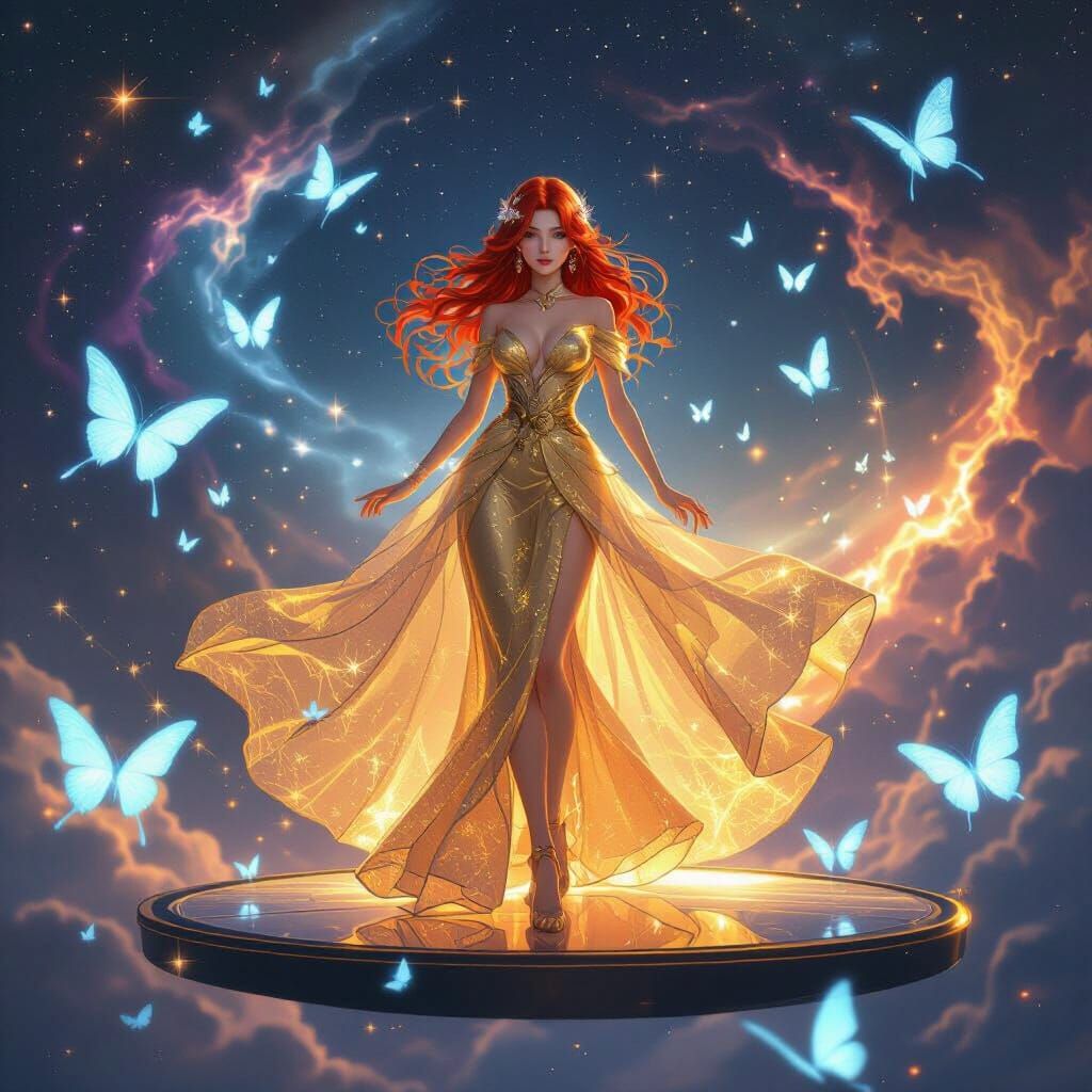 Redhead Model in Gold Gown Amidst Bioluminescent Galaxy