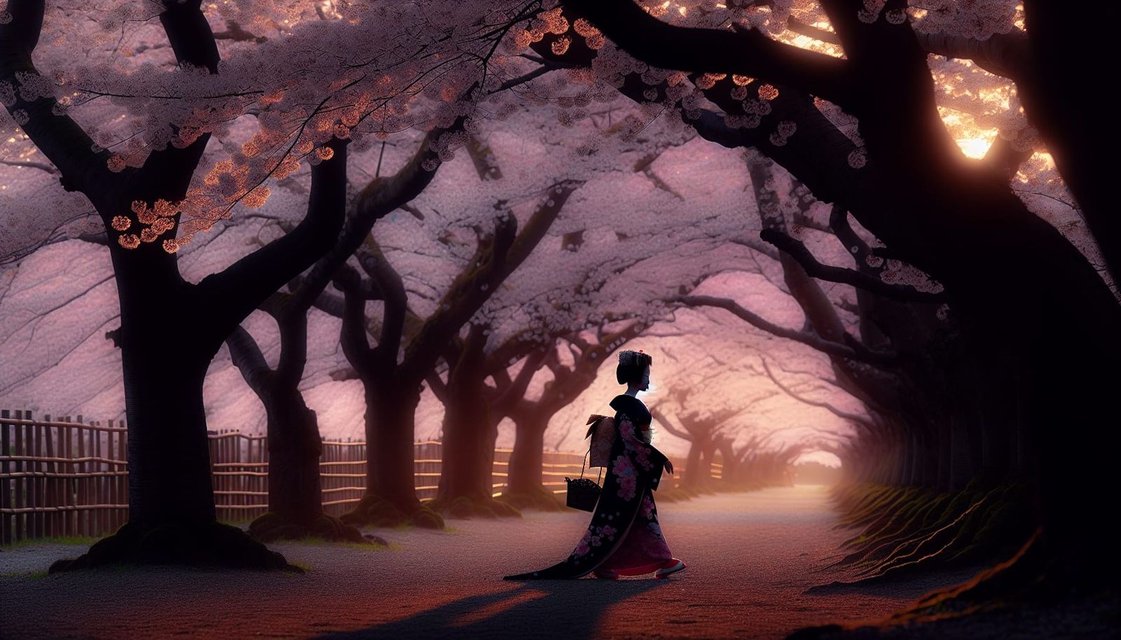 Geisha Silhouette in Sakura Grove at Dusk