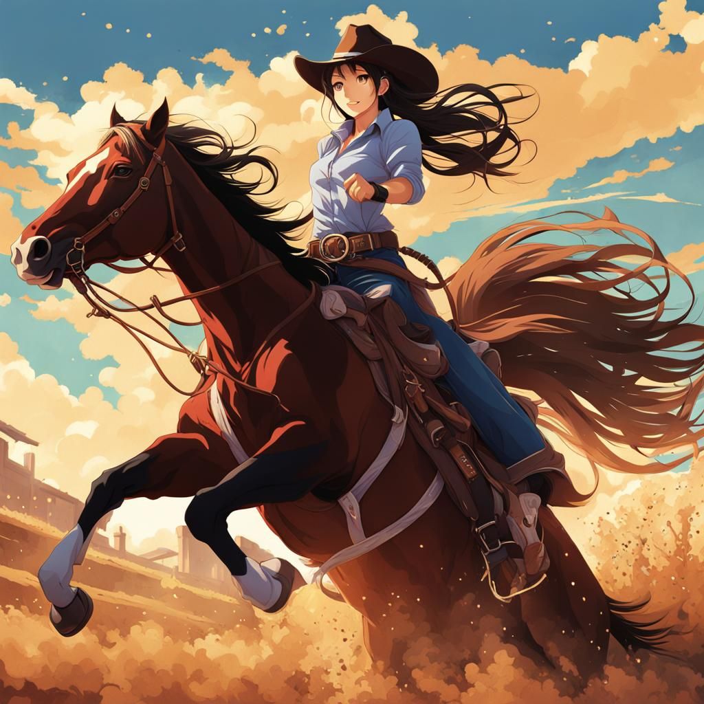 Cowgirl Rides Wild Horse in Anime Style
