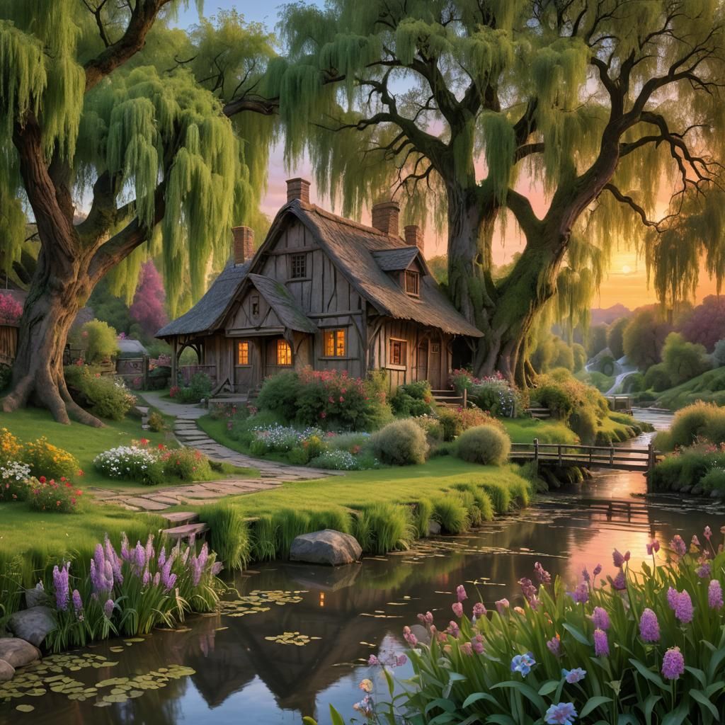 Medieval Cottage Sunset by Waterfall in Valley