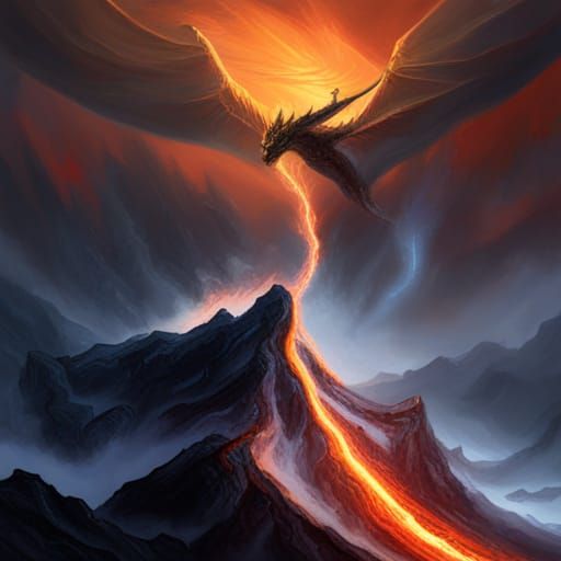 Epic Dragon Flight Near Volcano in Dark Fantasy Style
