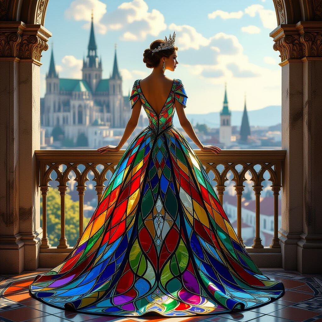 Queen in Stained Glass Gown Overlooks Kingdom