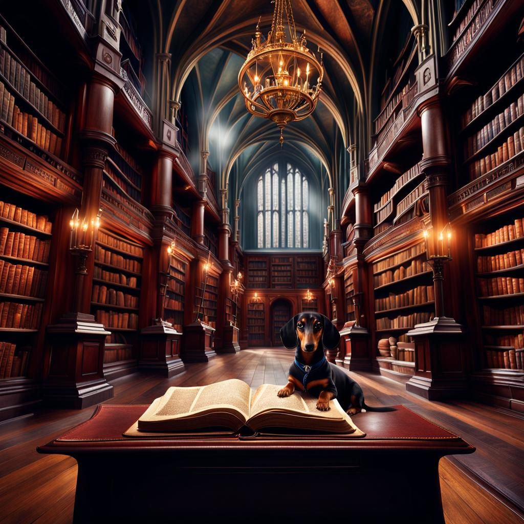 Dachshunds Studying Magic Books: Cinematic Digital Art