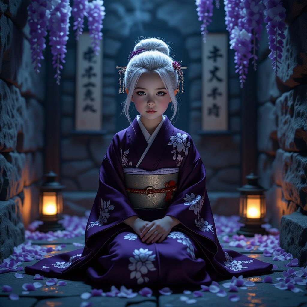 Girl in Plum Kimono in Atmospheric Chamber