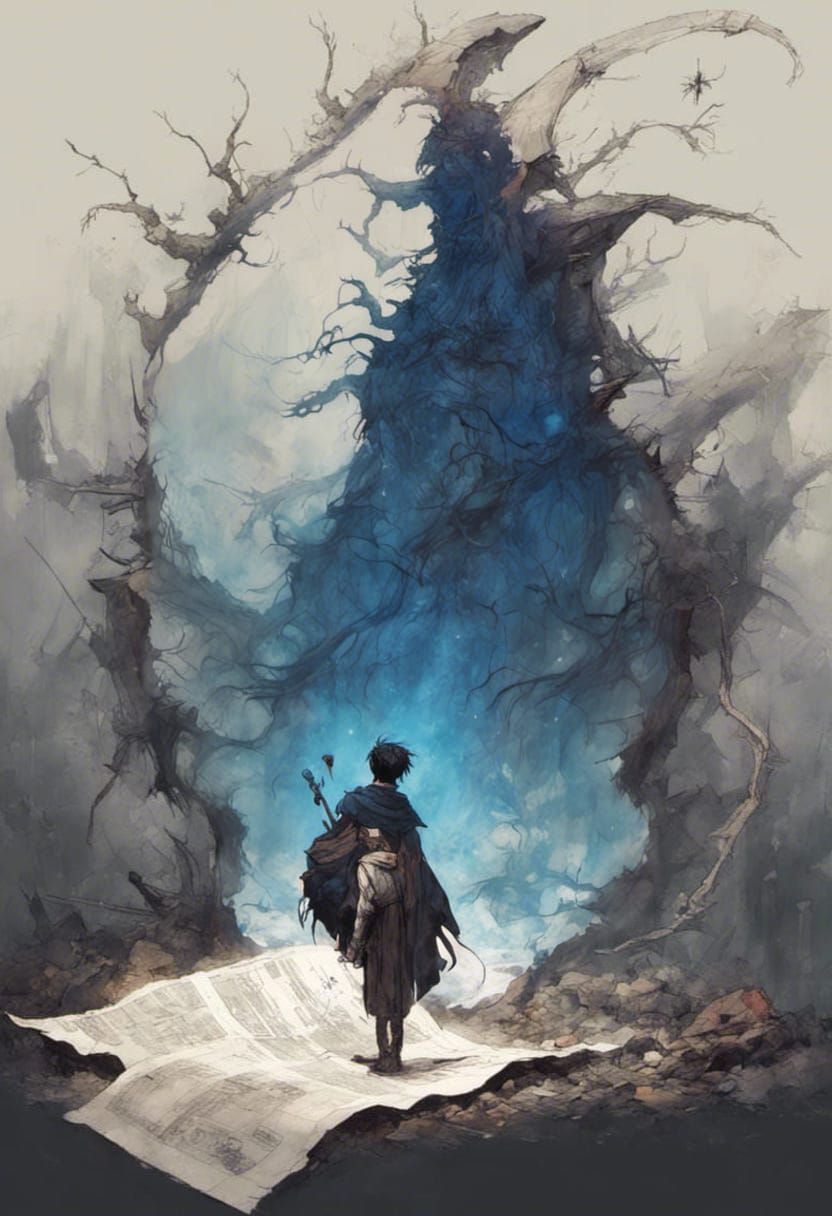 Digital illustration of man standing against huge indigo rif...