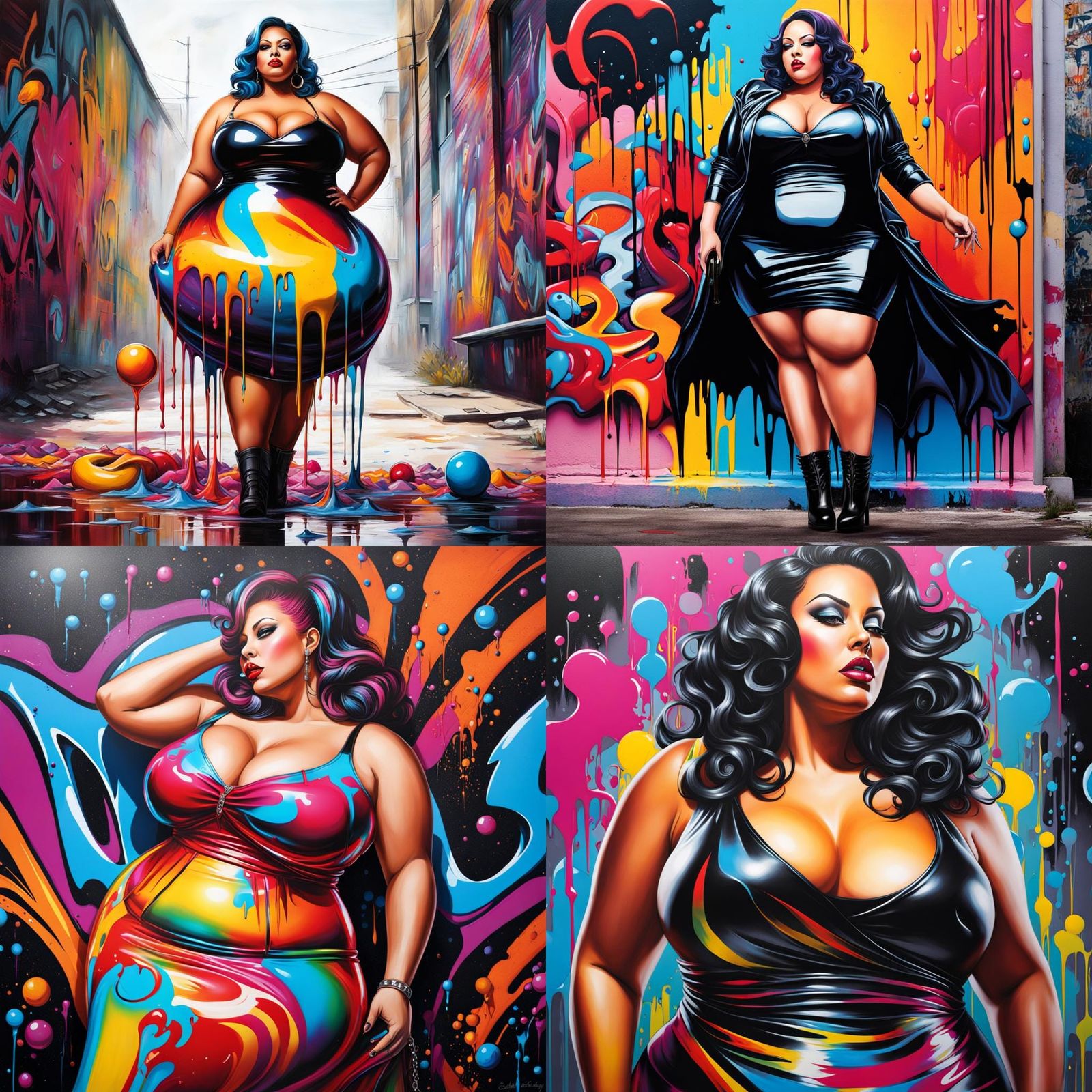 Curvy Woman in Latex Dress as Graffiti Art