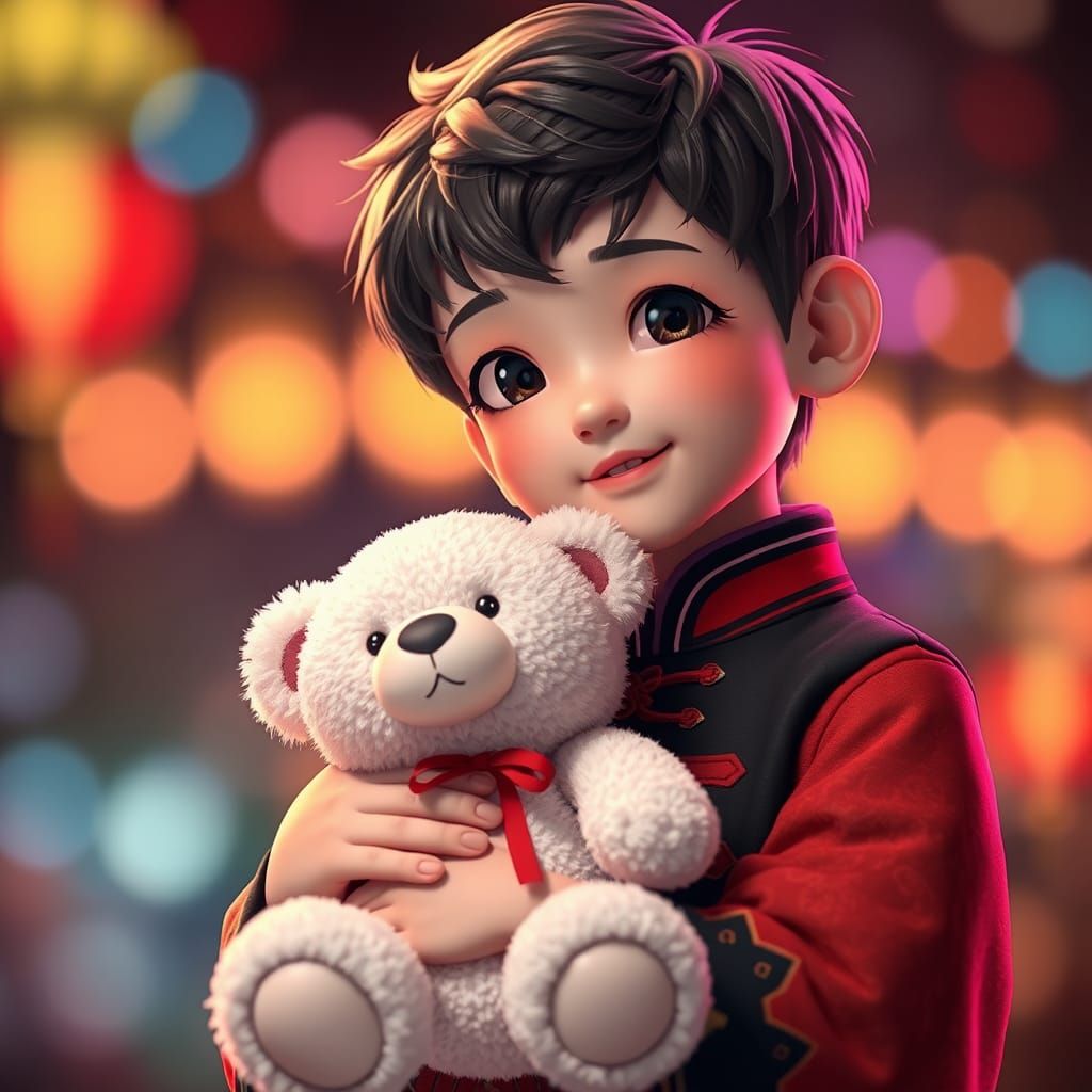Boy with Teddy Bear in 3D Anime Style