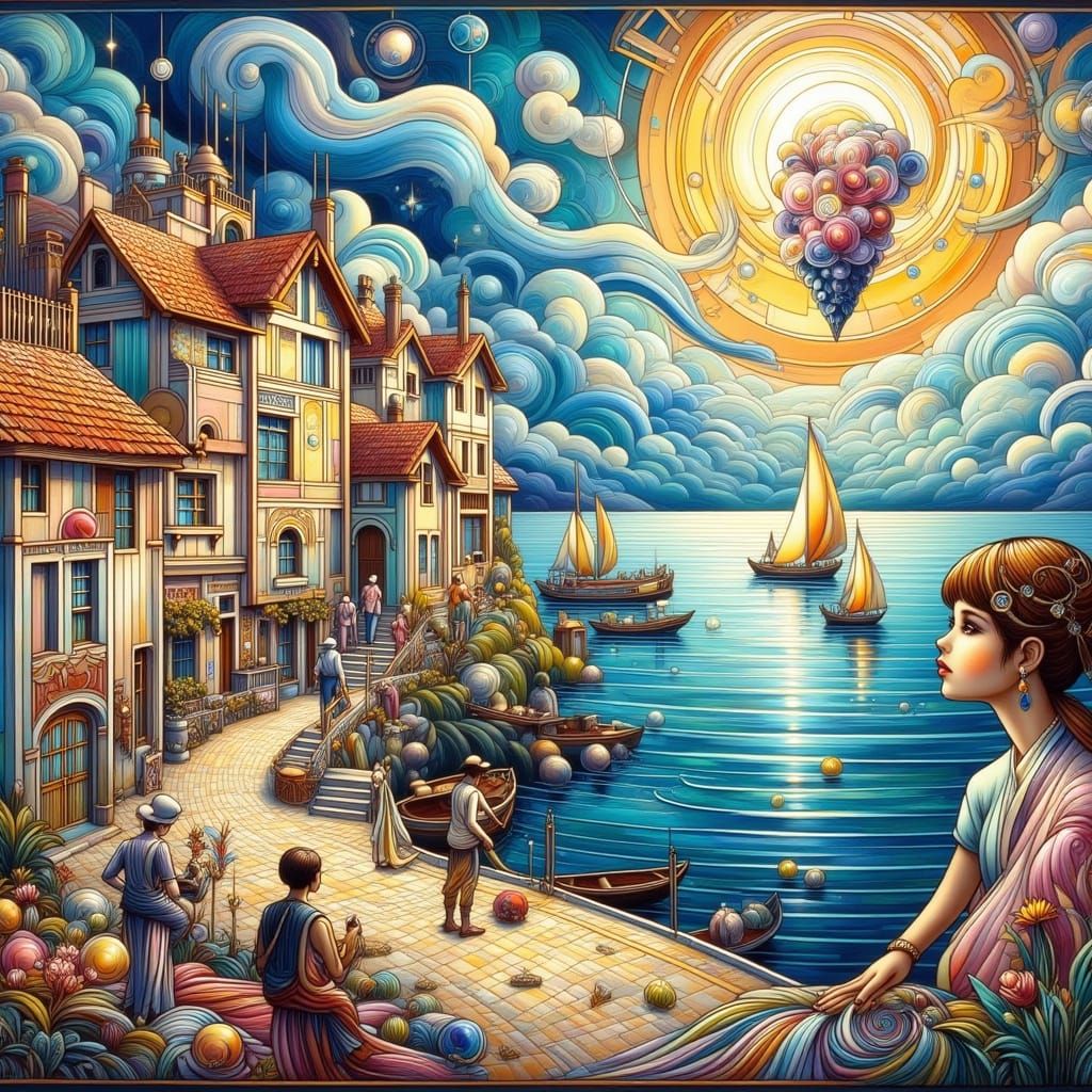 Surreal Fishing Village Under Iridescent Sky