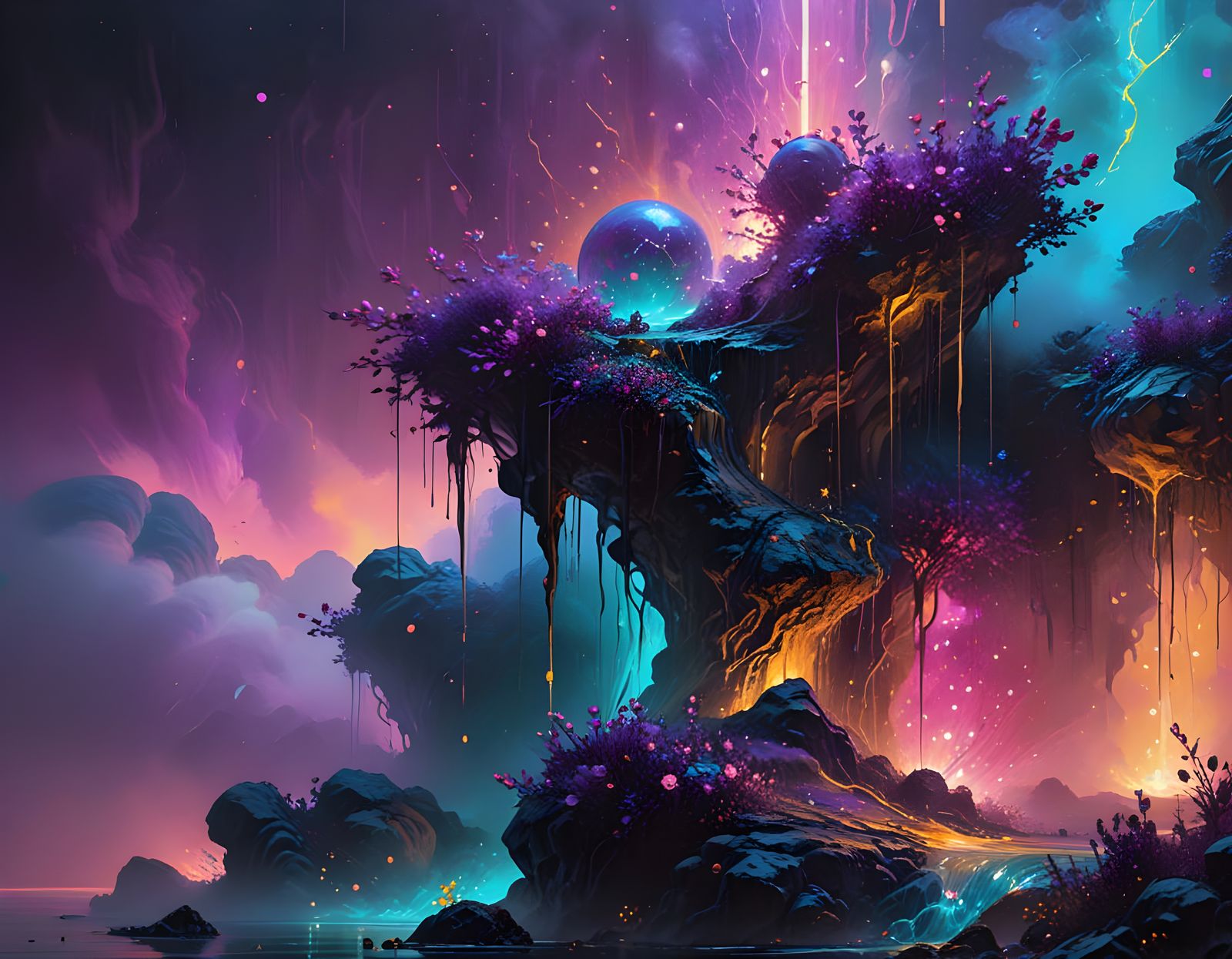 Bioluminescent Landscape with Inverted Colors as Impasto Pai...