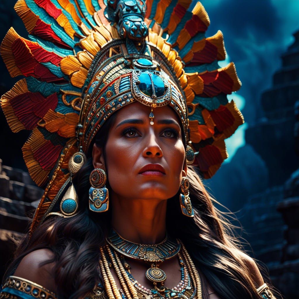 Amazing Mayan high priestess near El Tepozteco pyramid