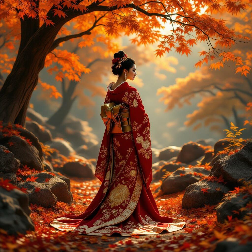 Ancient Deity in Autumn Forest with Golden Moon