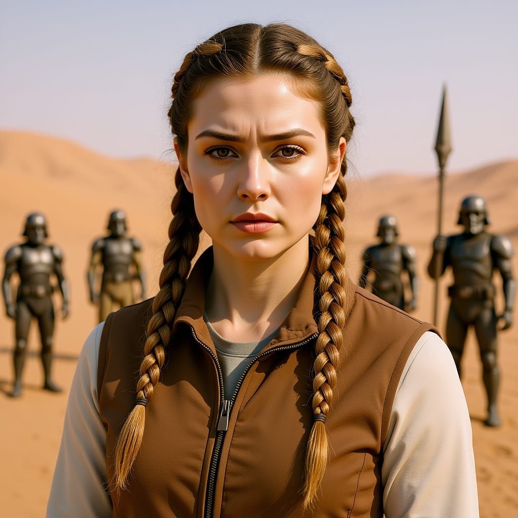 Realistic Portrait of Braided Woman in Desert Landscape