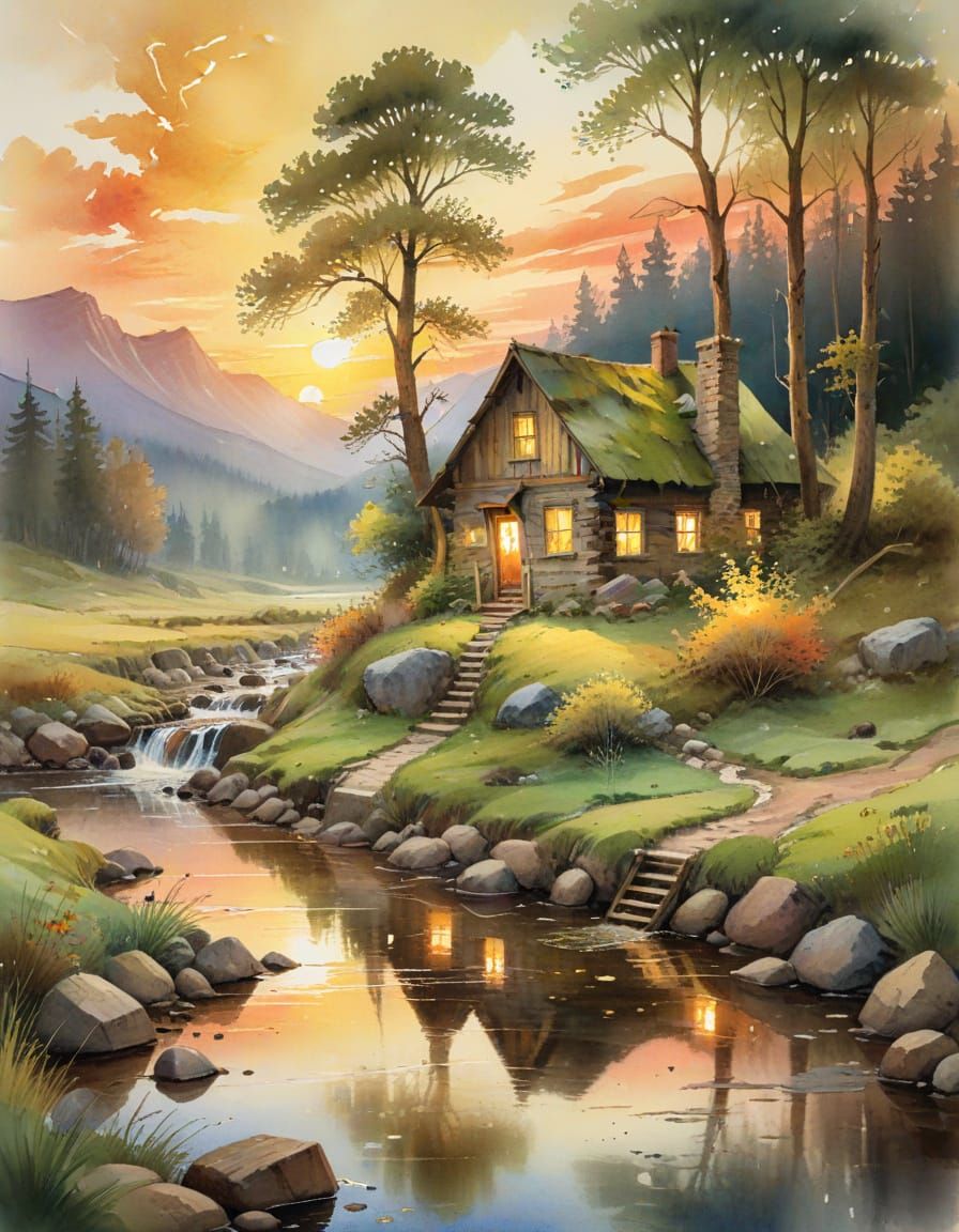 Cabin by Brook in Watercolor Impressionist Style