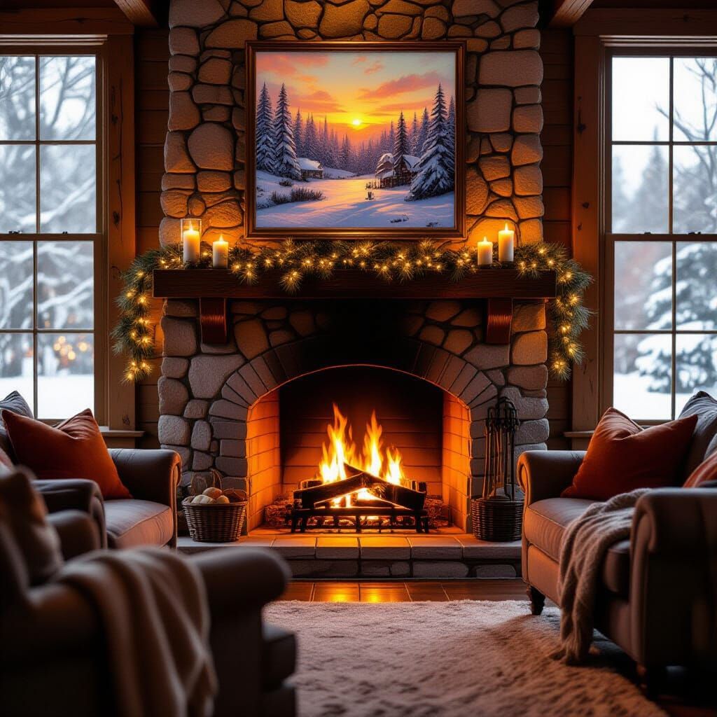 Cozy Fireplace in Hygge Style with Golden Light