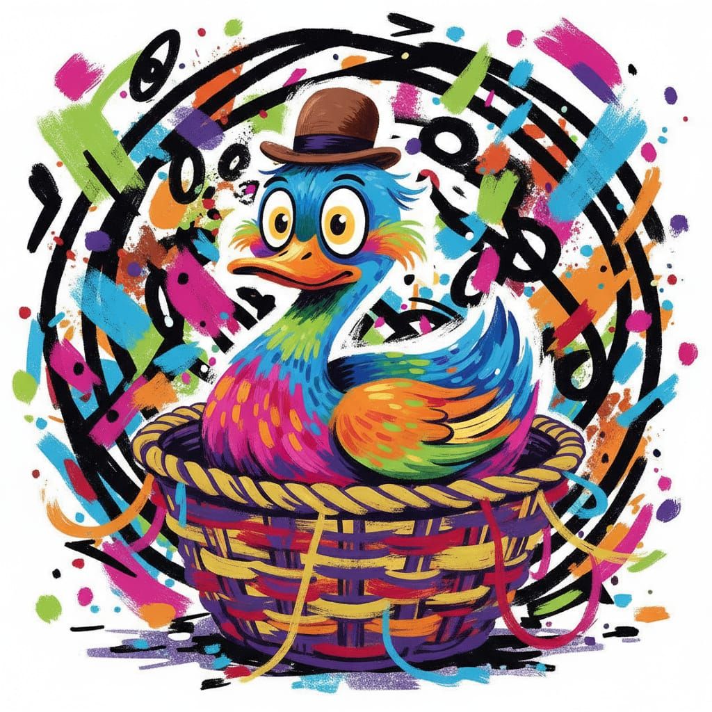 Flustered Duck in Hat with Chaotic Background