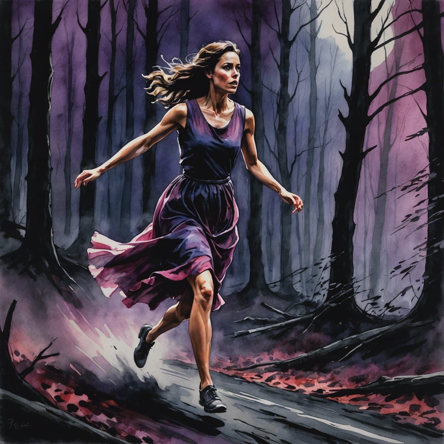 Brunette Woman Runs Through Dark Woods