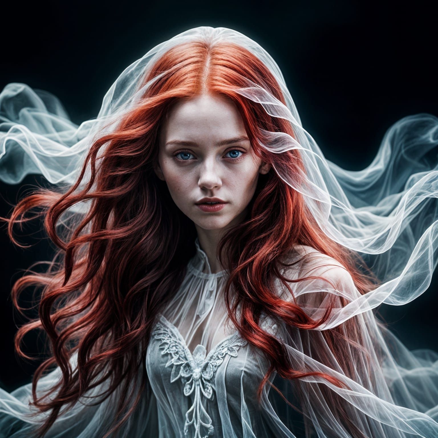 Ethereal Red-Haired Ghost in Hyperdetailed Rendering