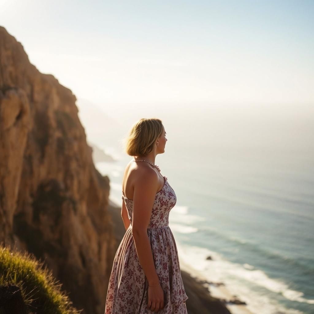 Woman Gazing at Ocean in Golden Light