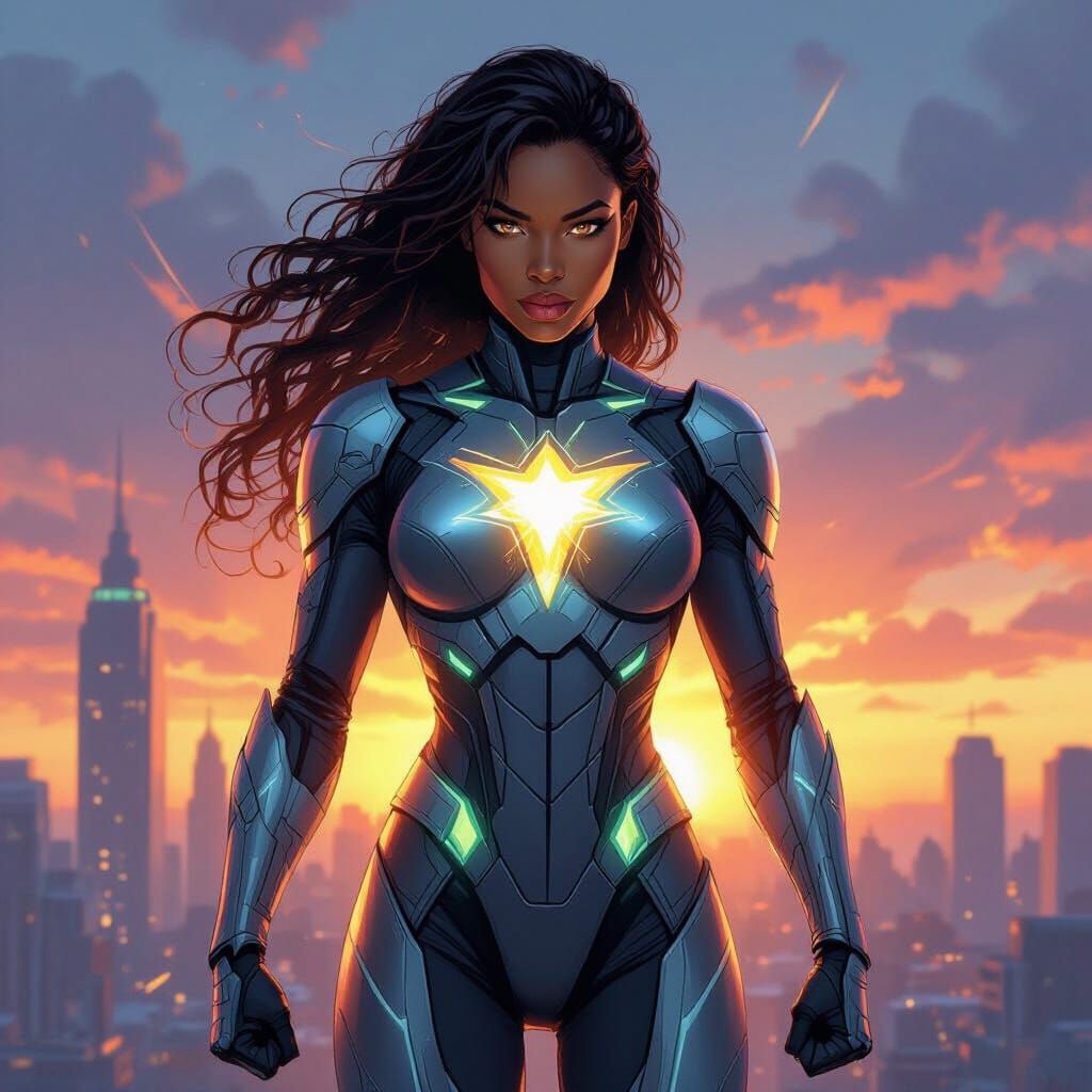 African-American Superheroine in Futuristic Cityscape