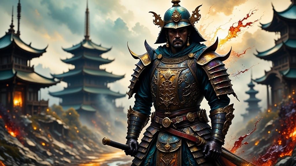 A Samurai's Unyielding Resolve in a War-Torn Landscape