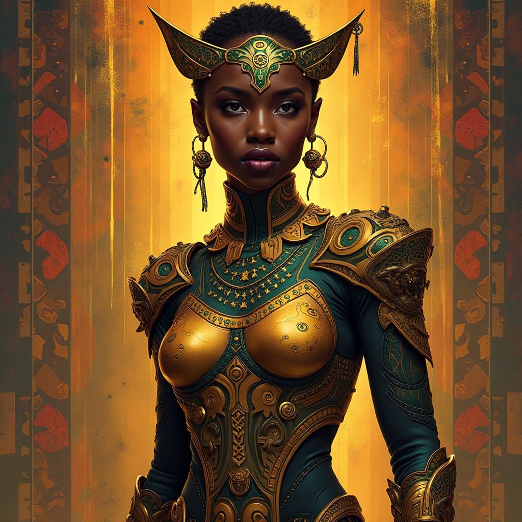 Regal Wakandan Warrior in Afro-Futuristic Armor
