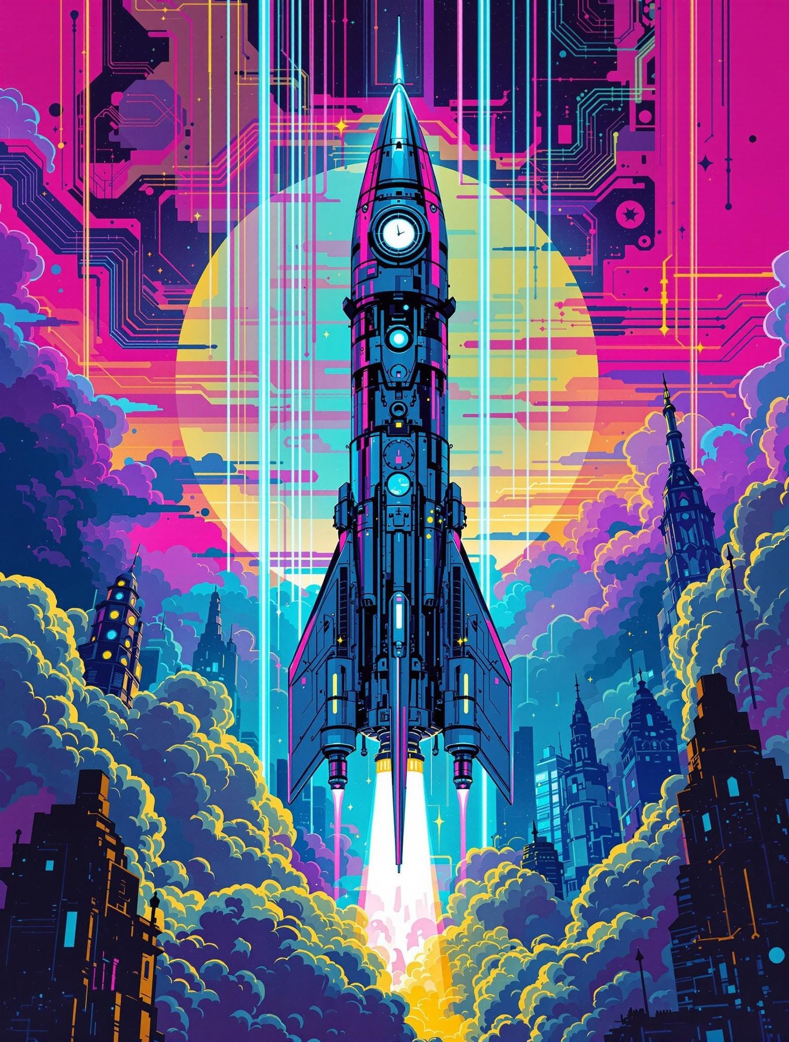 Dieselpunk Rocket Launch in Neon Noir Style