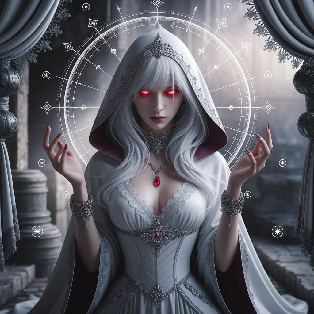 Gothic Priestess with Silver Hair and Red Eyes