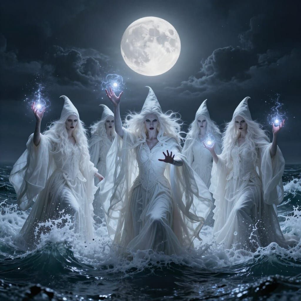 Witches Perform Ritual on Stormy Sea Under Full Moon