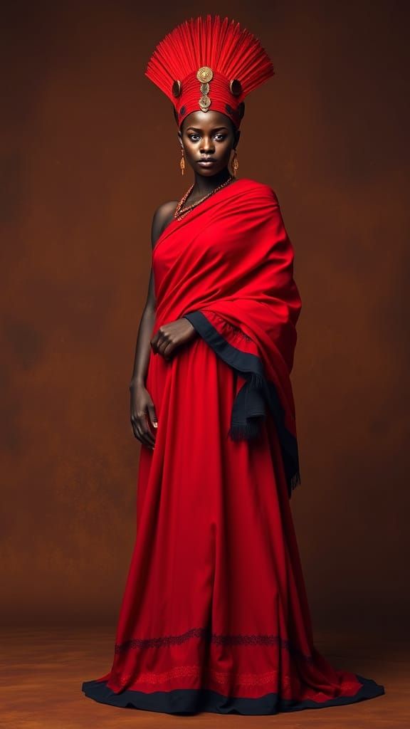 African Woman in Majestic Firebrick Red Attire