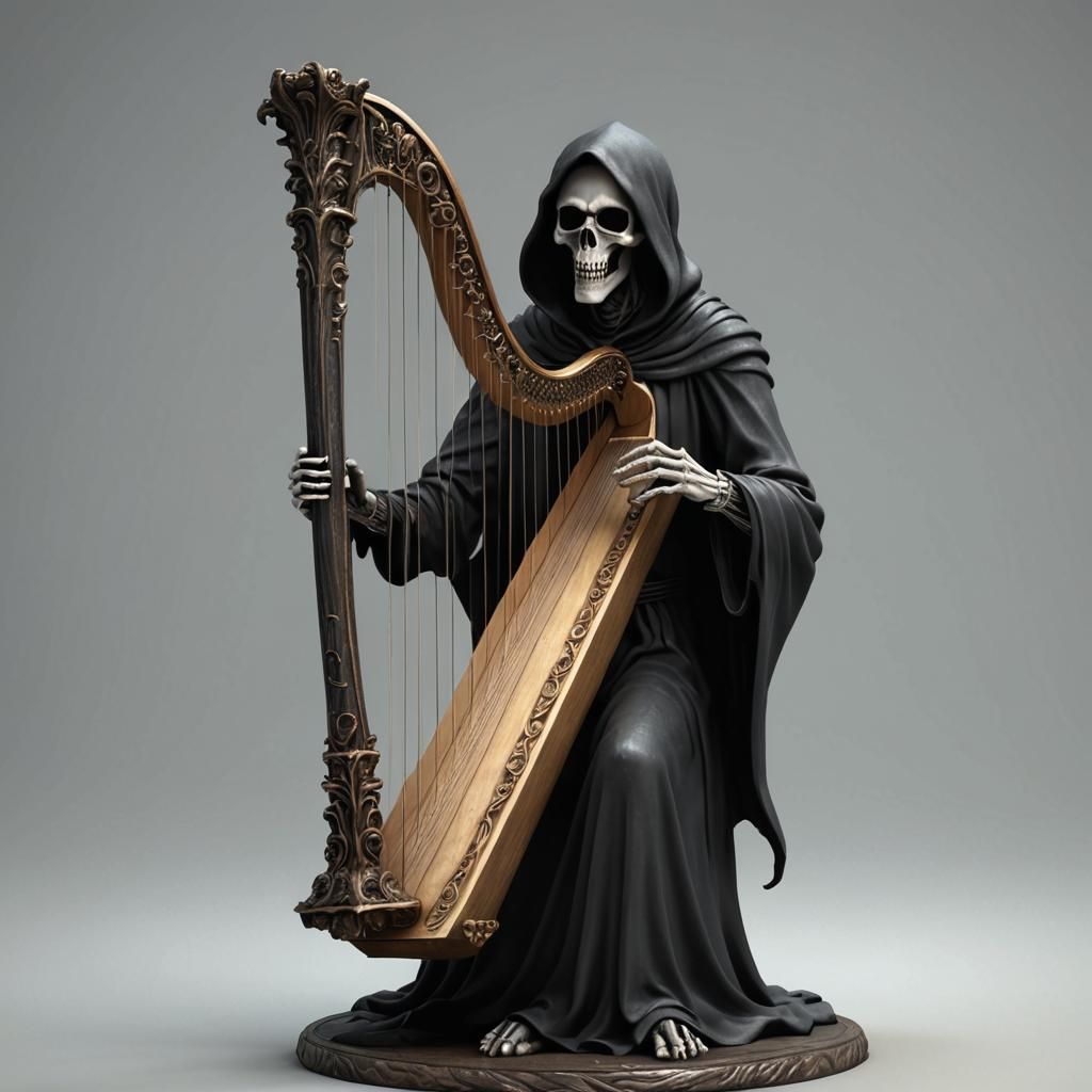 Grim Reaper Plays Harp: Horror 3D Rendering