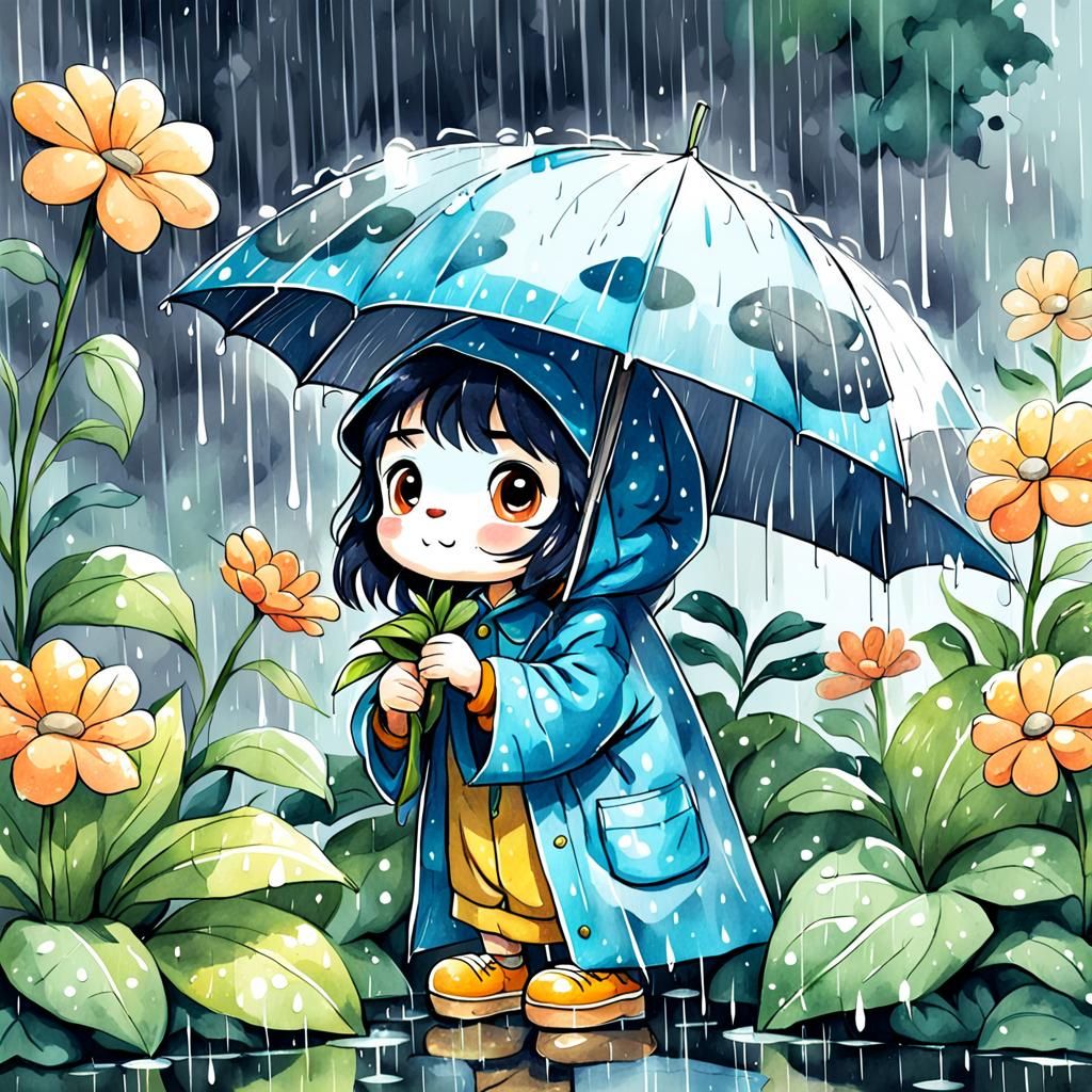 Fennec Fox in Rainy Floral Shelter: Cartoon Watercolor