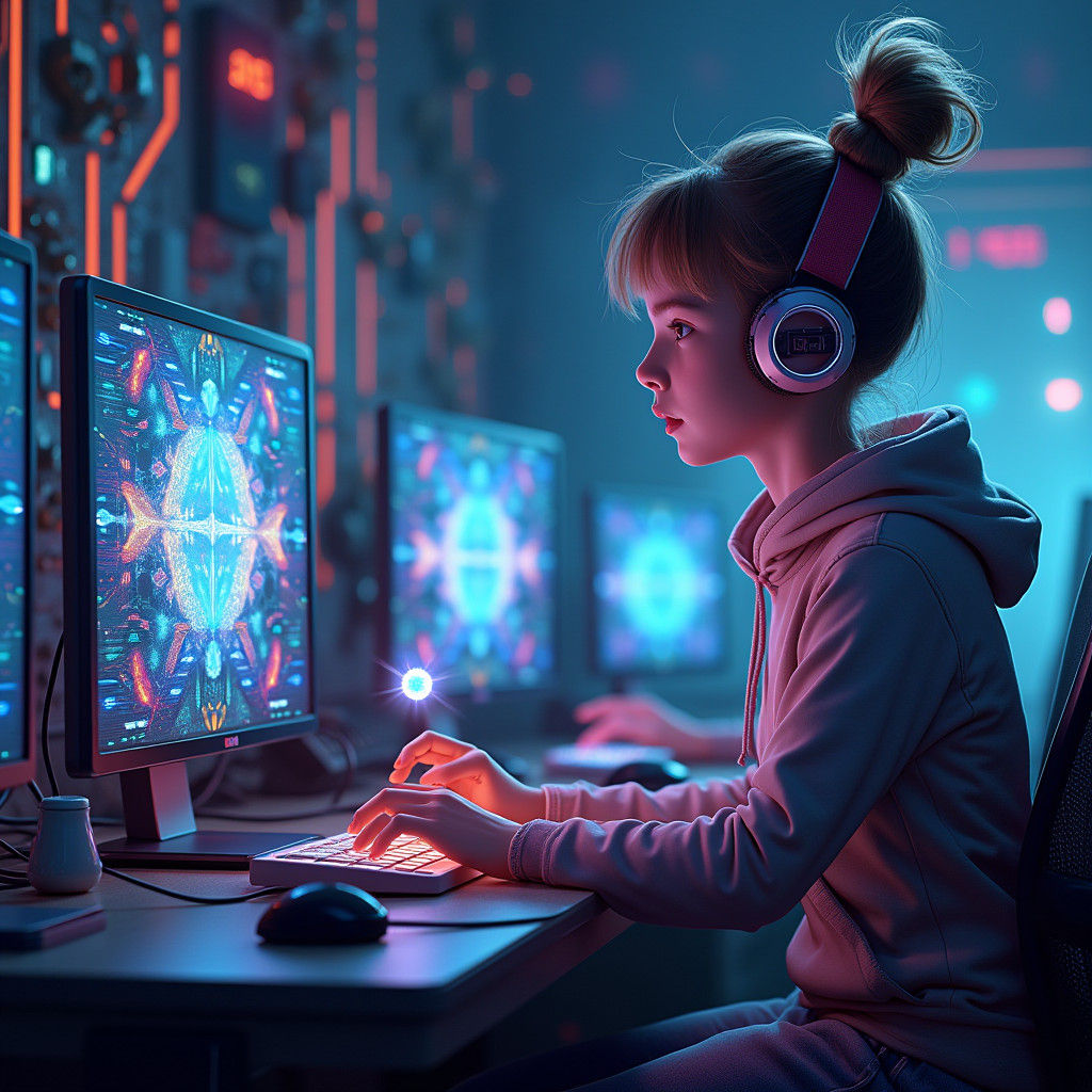 Futuristic Student in Neon-Lit Computer Lab