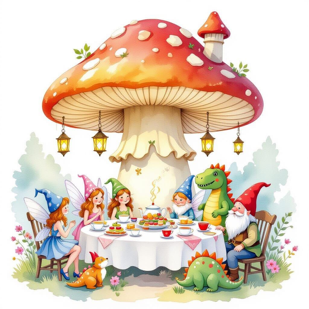 Whimsical Tea Party Inside Mushroom, Watercolor Art