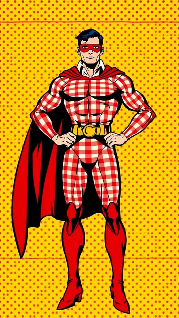 Bold Red and White Gingham Superhero in Pop Art Style