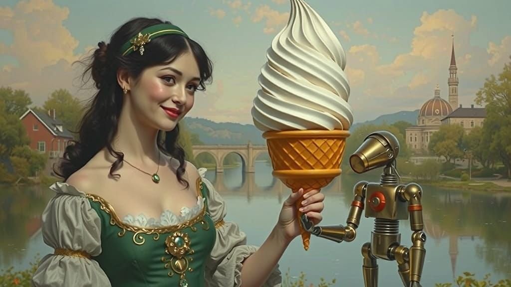 Robot Offers Ice Cream to Georgian Woman Lakeside