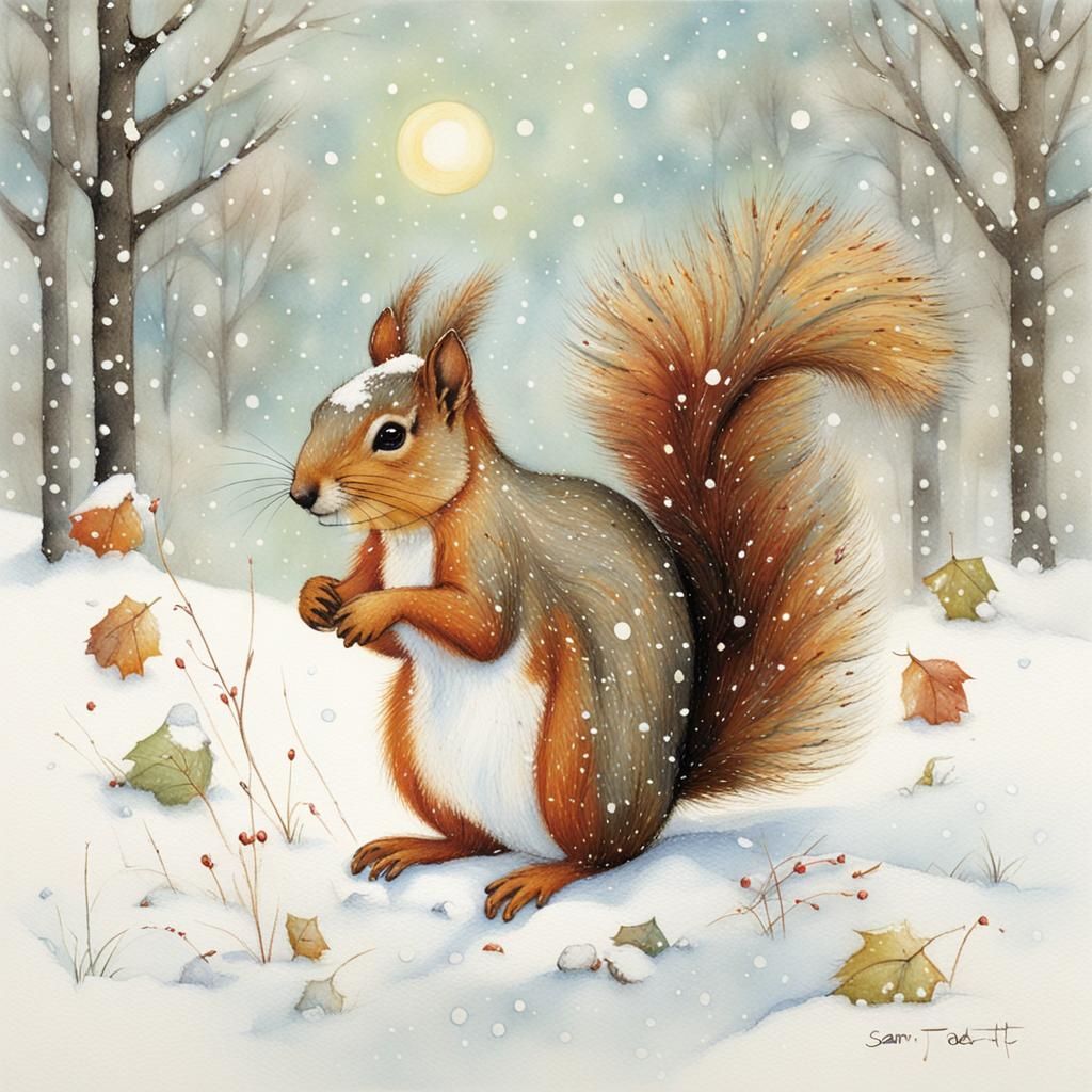 Cute Squirrel in Snow, Folk Art Style