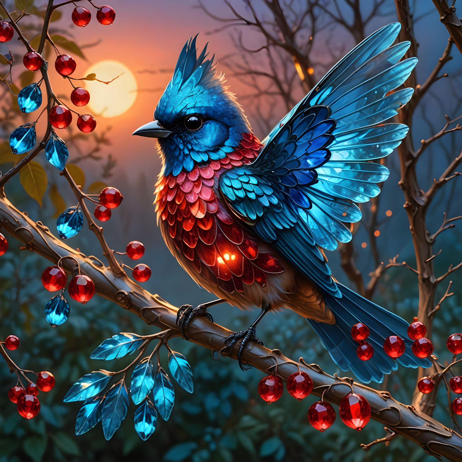 Crystal Bird Perched at Sunset with Butterfly