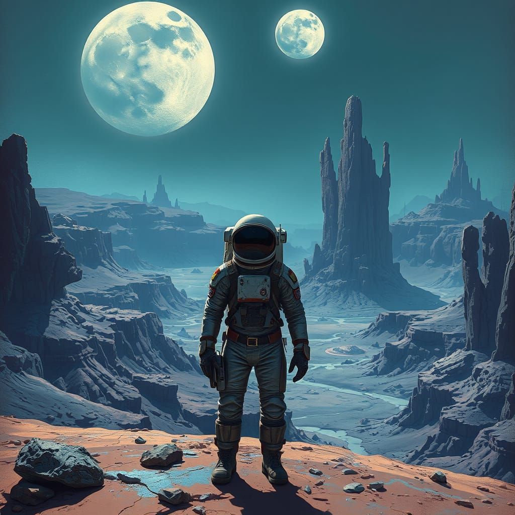 Astronaut in Alien Landscape, Gritty Realism Style