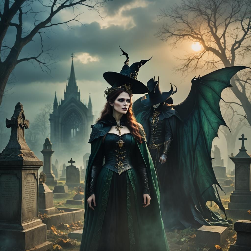 Gothic Vampire and Sorcerer in Misty Graveyard